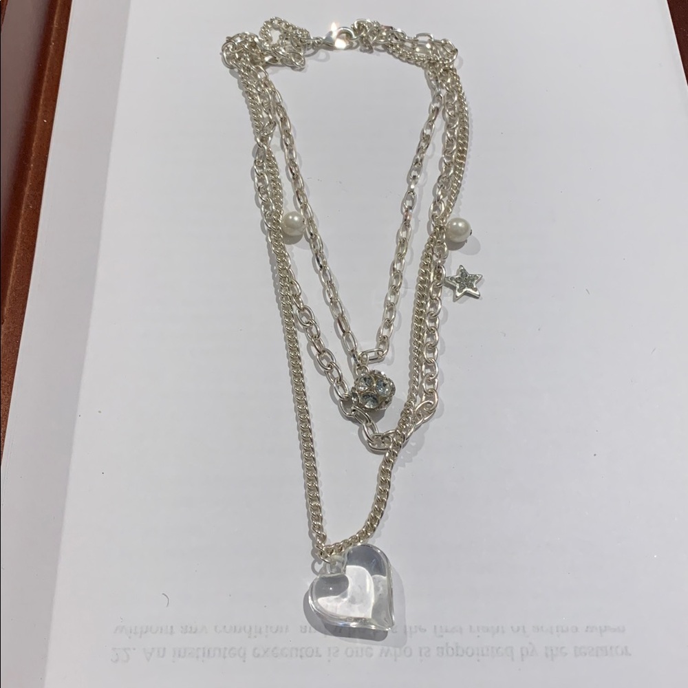 Silver tone,acrylic crystals, crystals, 16-18” multi chain w heart pendant